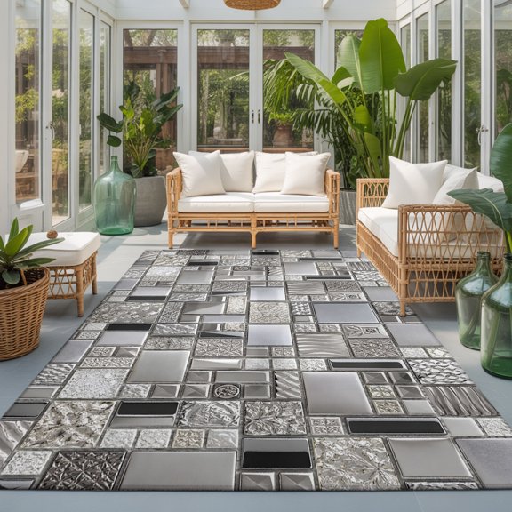 Square Metal Tiles Washable Living Room Rugs 5'x8', Vintage Sliver Gray Ornate Embossed Relief Grid Washable Throw Large Area Rug Non-Slip Sturdy Edge Binding Carpet for Living Area Kitchen Office