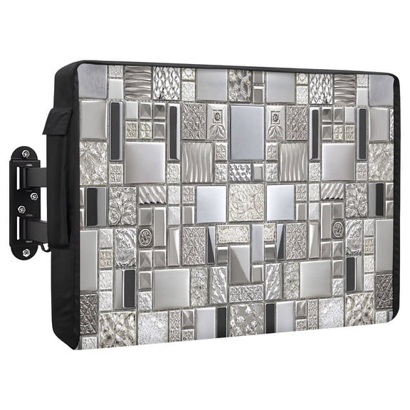 Square Metal Tiles Waterproof Outdoor TV Cover, Vintage Sliver Gray Ornate Embossed Relief Grid Outside Weatherproof TV Enclosures for 30 to 32 Inch LCD Television Shield Flat Screen Protectors