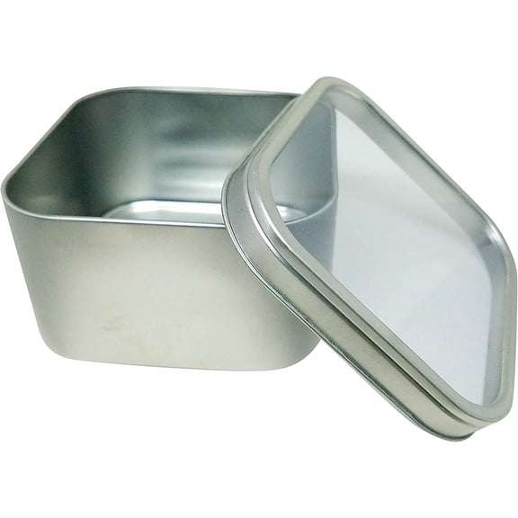 Square Metal Tin Box Storage Containers with Windowed Lids - 4x4x2.25 Inches, 16 oz. - Set of 2