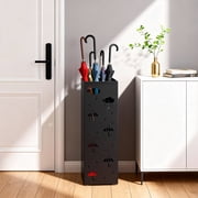 Square Metal Umbrella Stand for Entryway, Freestanding Cold Rolled Steel Umbrella Holder with Removable Drip Tray & 4 Hooks, Space Saving Organizer for Umbrellas Canes Baseball Bat