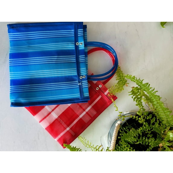Square Mexican Tote Purse 10x10 in Market Bag, Red, Blue, Mesh Bag, Gift Bag, Reusable Plastic Bag
