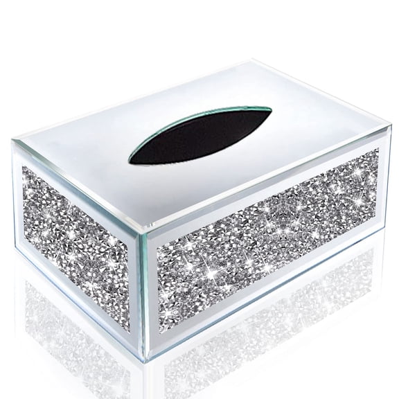 Square Mirrored Tissue Box Cover,Crystal Crushed Diamond Tissue Box,Silver Luxury Tissue Holders for Either Tissues in a Bathroom or Napkins on a Table.(5.5”x5.5”x5.5”)