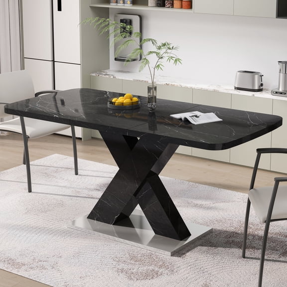 Square Modern Dining Table, Stretchable Black Marble Table Top, & Metal, 47.24"-61.19"l, 220 Lbs Load Marble Surface, Steel, 61.19 In. Depth