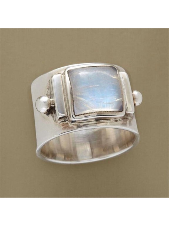 Square Moonstone Ring for Women's, Vintage Wide Band Statement Ring Handmade Boho Gemstone Cocktail Promise Jewelry Gift for Women Size 7