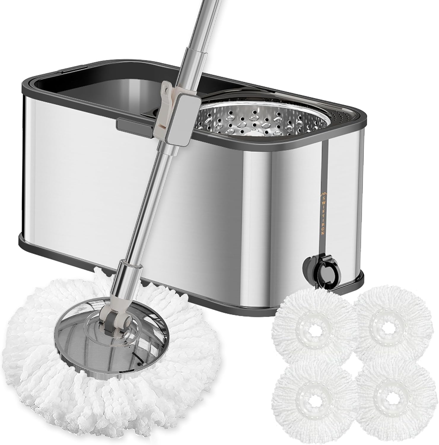 Square Mop and Bucket with Wringer Set, Stainless Steel 360° Spining Mop for Cleaning with Extra Refills, mapos limpieza de pisos, Microfiber Floor Cleaner Adjustable Mop Handle