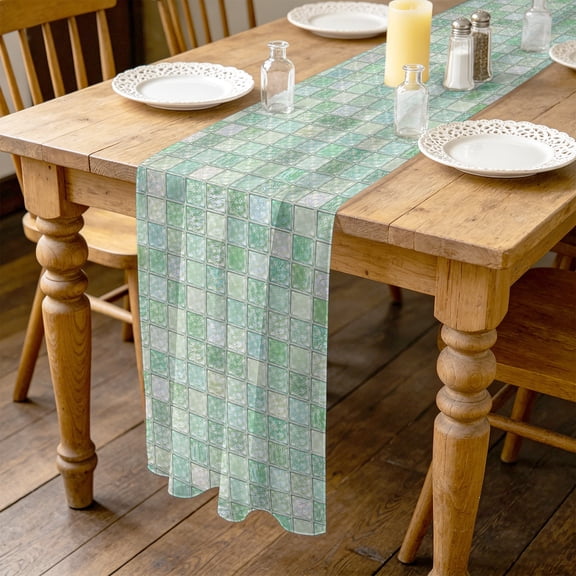 Square Mosaic 4.5ft Cheesecloth Table Runner for Wedding 19"x55", Abstract Minimalist Mint Green Gingham Sage Grid Kitchen Dinner Sheer Tulle Chiffon Dresser Scarf, Holiday Party Decorations