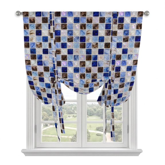 Square Mosaic Tie Up Balloon Window Curtain 52W x 63L Inch, Minimalist Vintage Cobalt Blue Beige Brown Gingham Rod Pocket Adjustable Tie Up Curtains Small Kitchen Sink Curtains for Cafe Bedroom