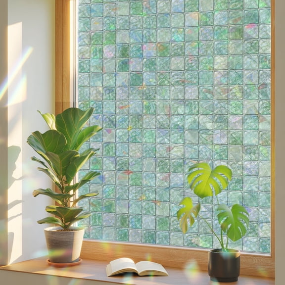 Square Mosaic Window Privacy Film, Abstract Minimalist Mint Green Gingham Sage Grid Static Cling Stained Glass Window Sticker Decorative Removable Rainbow Film for Glass 17.7”x39.3”