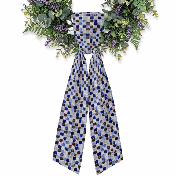 Square Mosaic Wreath Sash for Front Door, Minimalist Vintage Cobalt Blue Beige Brown Gingham Satin Wreath Ribbon Bow Accessory Garland Home Decor for Doorway Porch Yard 4.5x56
