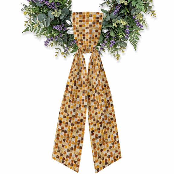 Square Mosaic Wreath Sash for Front Door, Vintage Minimalist Brown Gold Yellow Gingham Satin Wreath Ribbon Bow Accessory Garland Home Decor for Doorway Porch Yard 4.5x56