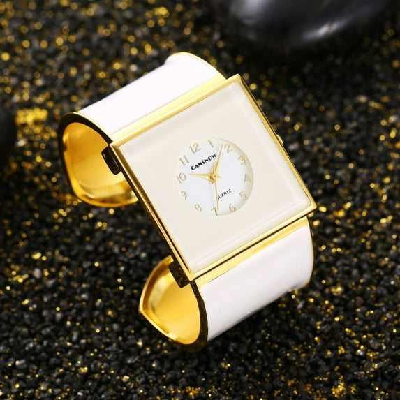 Square Mother-of-Pearl Dial Watch Creamy White Cuff Design with Gold-Trimmed Elegance Polished Gold Accents Fashion Cuff Wristwatch for Ladies