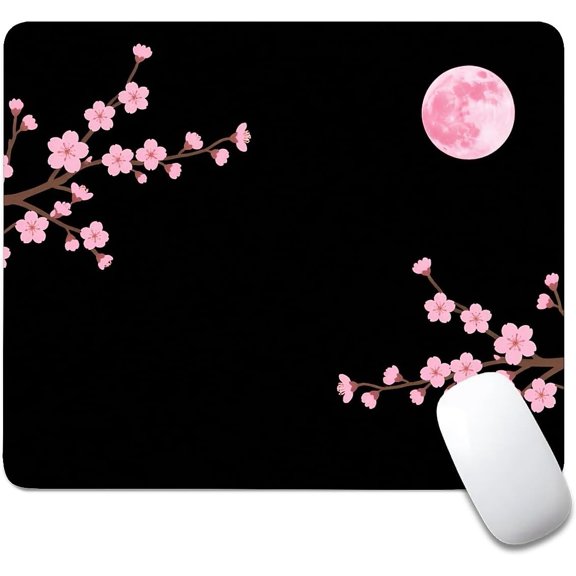 Square Mouse Pad Pink Cherry Blossoms Moon, Personalized Premium-Textured Custom Mouse Mat Design, Washable Mousepad Cloth, Non-Slip Rubber Base Computer Mouse Pads for Wireless Mouse
