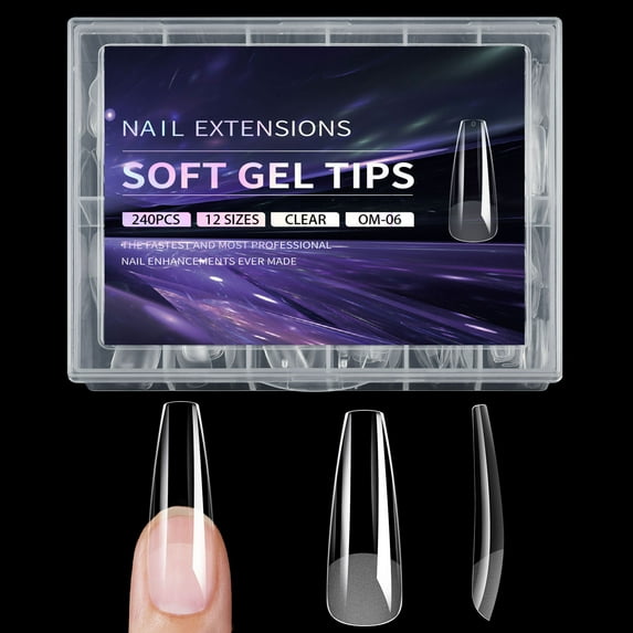 Square Nails Tips 240Pcs Clear Full Cover Gel Extensions Assorted Sizes for Manicures with Convenient Box