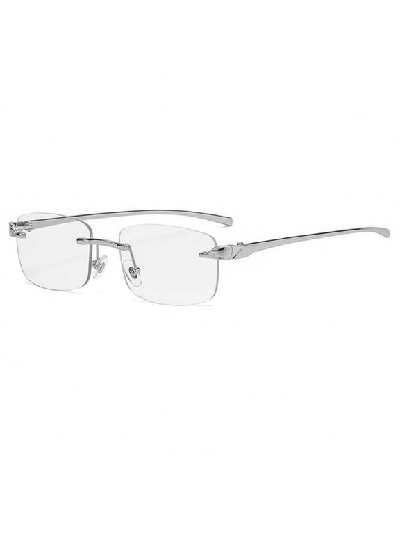Square Narrow Rimless Silver Wire Metal Frames Unisex Trendy 90s Hip Hop Vintage Small Retro Luxury Leopard Arms Rectangle Frameless Glasses Designer Clear Lens Eye Glasses For Men And Women