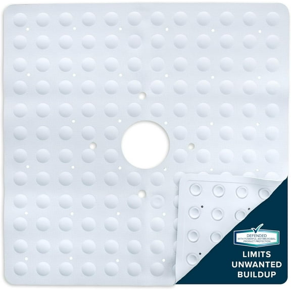 Square Natural Rubber Shower Stall Mat, 21 x 21, Mildew Resistant, Non Slip Safety, Antimicrobial Product Protection, 140 Power Grip Suction Cups, Center Drain Hole, White