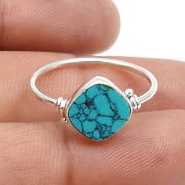 Square Natural Turquoise Band Throat Chakra Sister Ring 925 Sterling Silver US 7