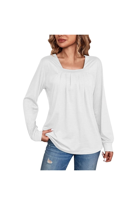 Square Neck Blouse for Women Long Sleeve Pleated Front Tunic Tops Relax Fit Casual T Shirt Tops Regular Comfort Shirt