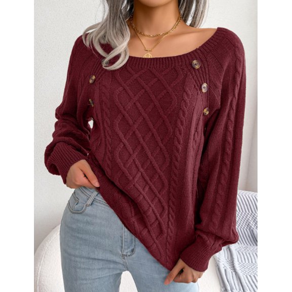 Square Neck Button Fried Dough Twist Knitting Sweater