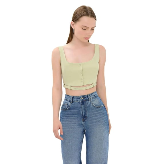 Square Neck Buttoned Cami Tank Top with Belt Detail