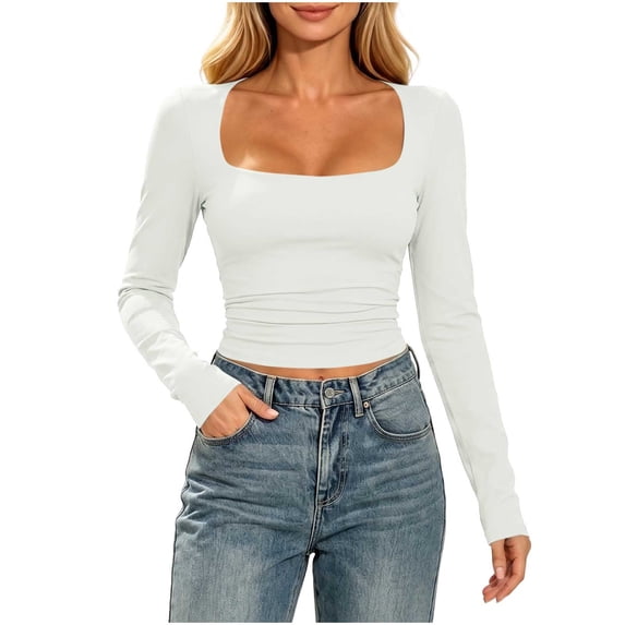 Square Neck Crop Top for Women Ghalytn Ruched Slim Fit Tee - Long Sleeve Stretch Basic Shirt