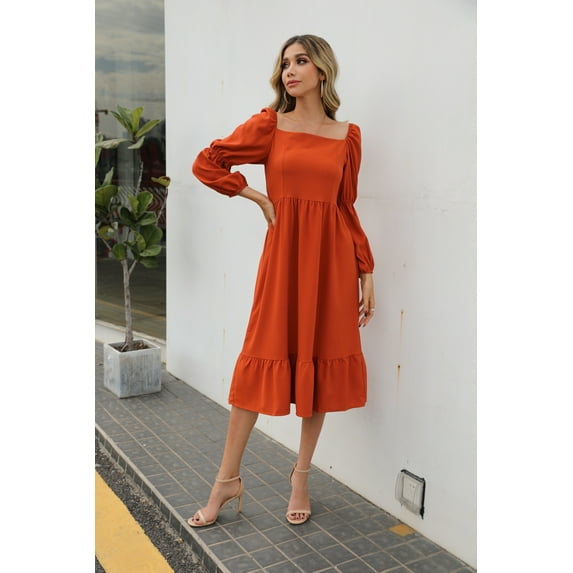 Square Neck Double Puff Long Sleeve Solid Color Dress for Women