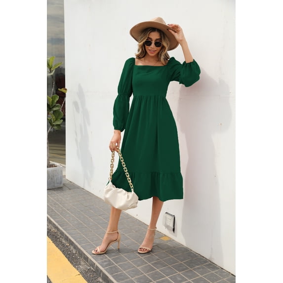 Square Neck Double Puff Long Sleeve Solid Color Dress for Women