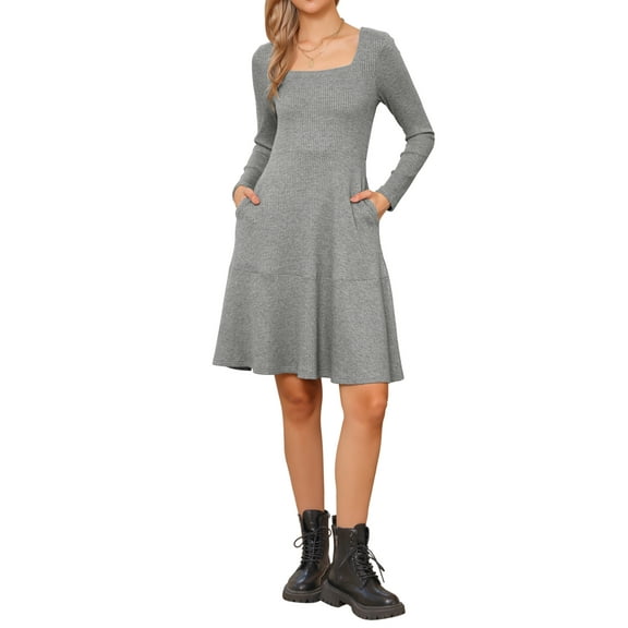 Square Neck Fall Dresses for Womens Casual Long Sleeve A Line Knit Pullover Dress with Pockets XS Grey
