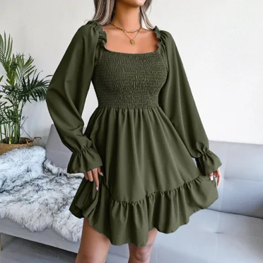 Square Neck Horn Long Sleeve Lotus Leaf Edge Dress womens Clothing