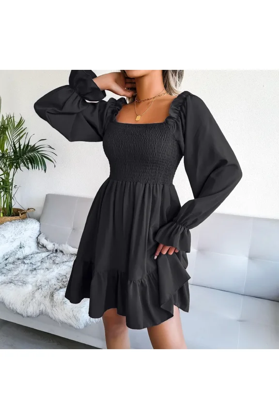 New Square Neck Horn Long Sleeve Lotus Leaf Edge Dress womens Clothing