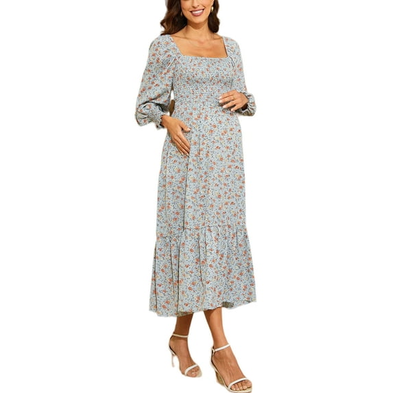 Square Neck Long Sleeve Midi Dress for Women Mid-Calf Length Blue X-Large