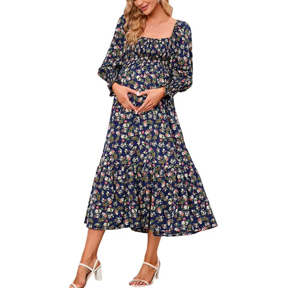 Square Neck Long Sleeve Midi Dress for Women Mid-Calf Length Navy Small