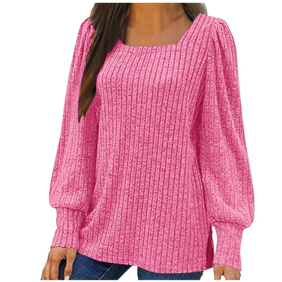 Square Neck Long Sleeve Shirts for Women Plus Size Knit Sweaters Split Tunic Tops Pullover Jumpers