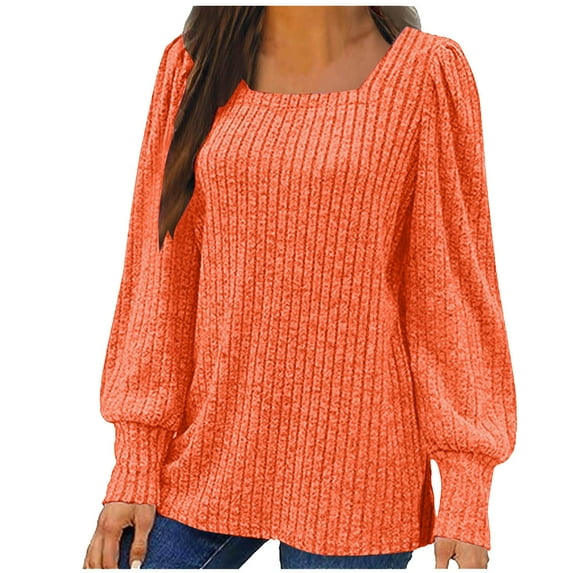 Square Neck Long Sleeve Shirts for Women Plus Size Knit Sweaters Split Tunic Tops Pullover Jumpers