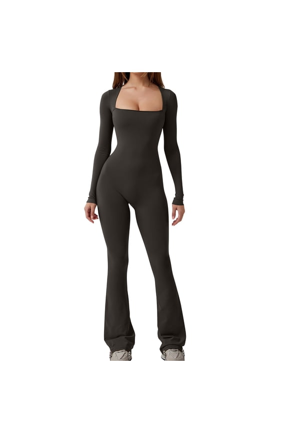 Square Neck Long Sleeve Slim Fit Jumpsuits for Women Flare Leg Skinny Tights Bodycon Romper Yoga Fitness Full Length Black,S