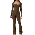 thumbnail image 1 of Square Neck Long Sleeve Slim Fit Jumpsuits for Women Flare Leg Skinny Tights Bodycon Romper Yoga Fitness Full Length Brown,L, 1 of 7