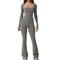 thumbnail image 1 of Square Neck Long Sleeve Slim Fit Jumpsuits for Women Flare Leg Skinny Tights Bodycon Romper Yoga Fitness Full Length Gray,2XL, 1 of 7