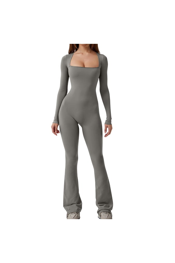 Square Neck Long Sleeve Slim Fit Jumpsuits for Women Flare Leg Skinny Tights Bodycon Romper Yoga Fitness Full Length Gray,2XL