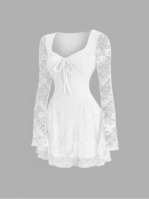 Square Neck Long Sleeve  Tie Front Ruffle Hem Mini Dress for Women