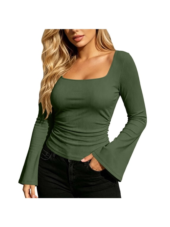 Square Neck Long Sleeve Top for Women Ghalytn Ribbed Crop Blouse - Ruched Slim Fit Casual Shirt