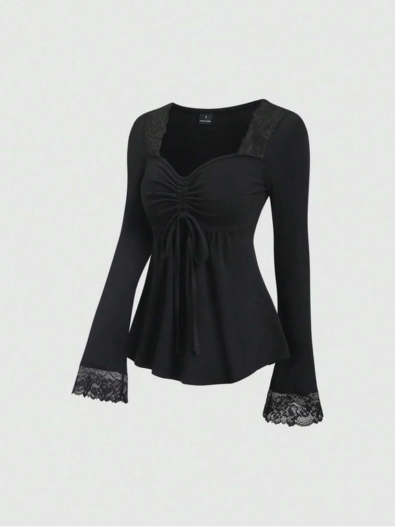 Square Neck Long Sleeve Top for Women Lace Shoulder & Cuff Patchwork Front Drawstring Ruched Flared Sleeve Peplum Hem Y2K Casual Going Out Tops