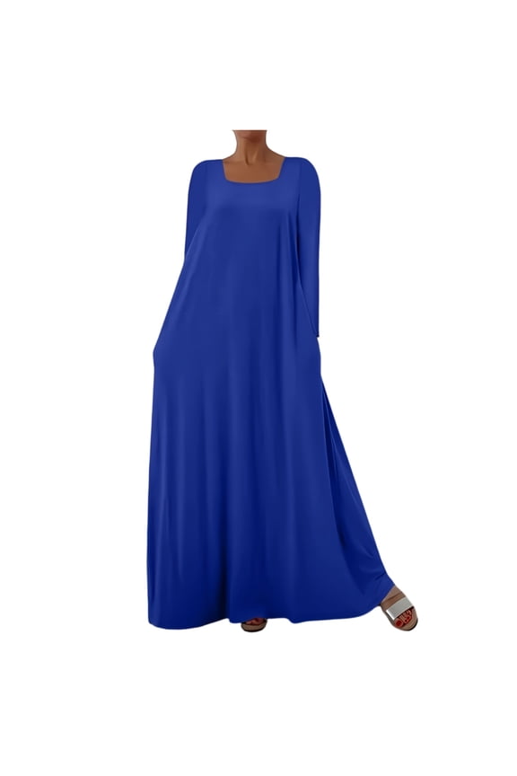 Square Neck Maxi Dress, Long Sleeve Oversized Smock Dress, Boho Chic Dress for Summer, Beach Vacations, and Music Festivals. Blue XL