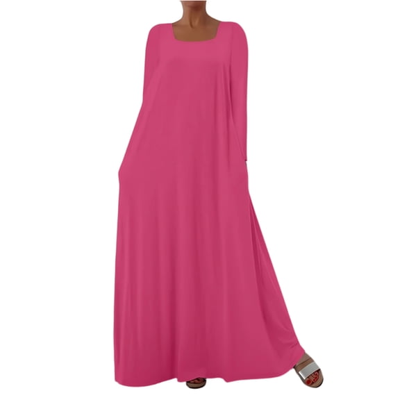 Square Neck Maxi Dress, Long Sleeve Oversized Smock Dress, Boho Chic Dress for Summer, Beach Vacations, and Music Festivals. Hot Pink 2XL