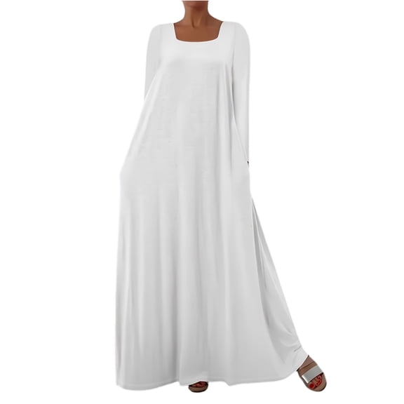 Square Neck Maxi Dress, Long Sleeve Oversized Smock Dress, Boho Chic Dress for Summer, Beach Vacations, and Music Festivals. White M