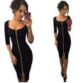 thumbnail image 1 of Square Neck Panel Zipper Solid Fit 3/4 Sleeve Dress - Stylish and Chic Seven-Part Sleeve Dress with Zip Fastening - Flattering Mid-Rise Waist, 1 of 2