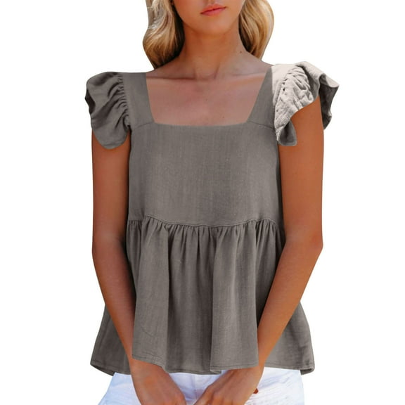 Square Neck Peplum Blouse - Women's Ruffled Summer Top with Pleated Hem in Solid Colors