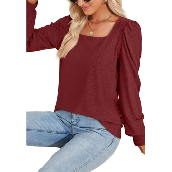 Square Neck Pleated Shoulder Long Sleeve Textured Blouse for Women Burgundy X-Large
