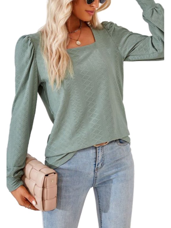 Square Neck Pleated Shoulder Long Sleeve Textured Blouse for Women Green Small