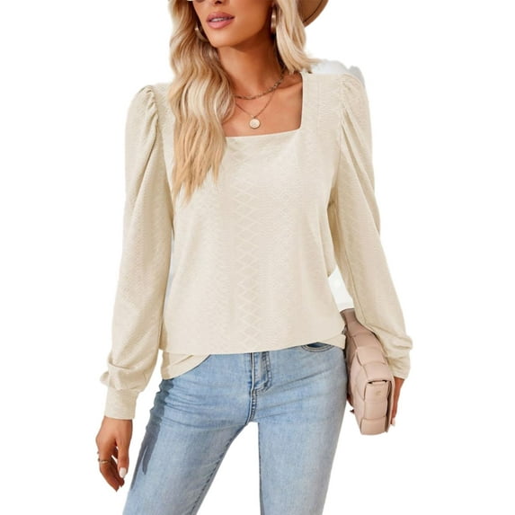 Square Neck Pleated Shoulder Long Sleeve Textured Blouse for Women Light Beige Medium