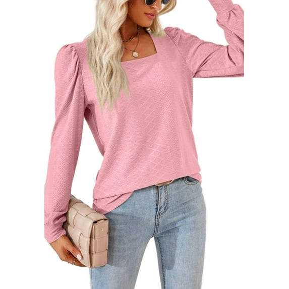 Square Neck Pleated Shoulder Long Sleeve Textured Blouse for Women Pink 2X-Large