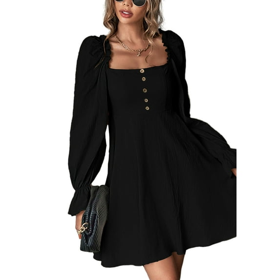 Square Neck Ruffle Cuff Button Dress for Women Above Knee Length